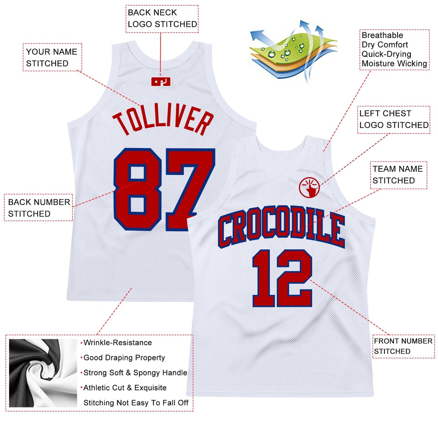 Custom White Red-Royal Authentic Throwback Basketball Jersey view 2