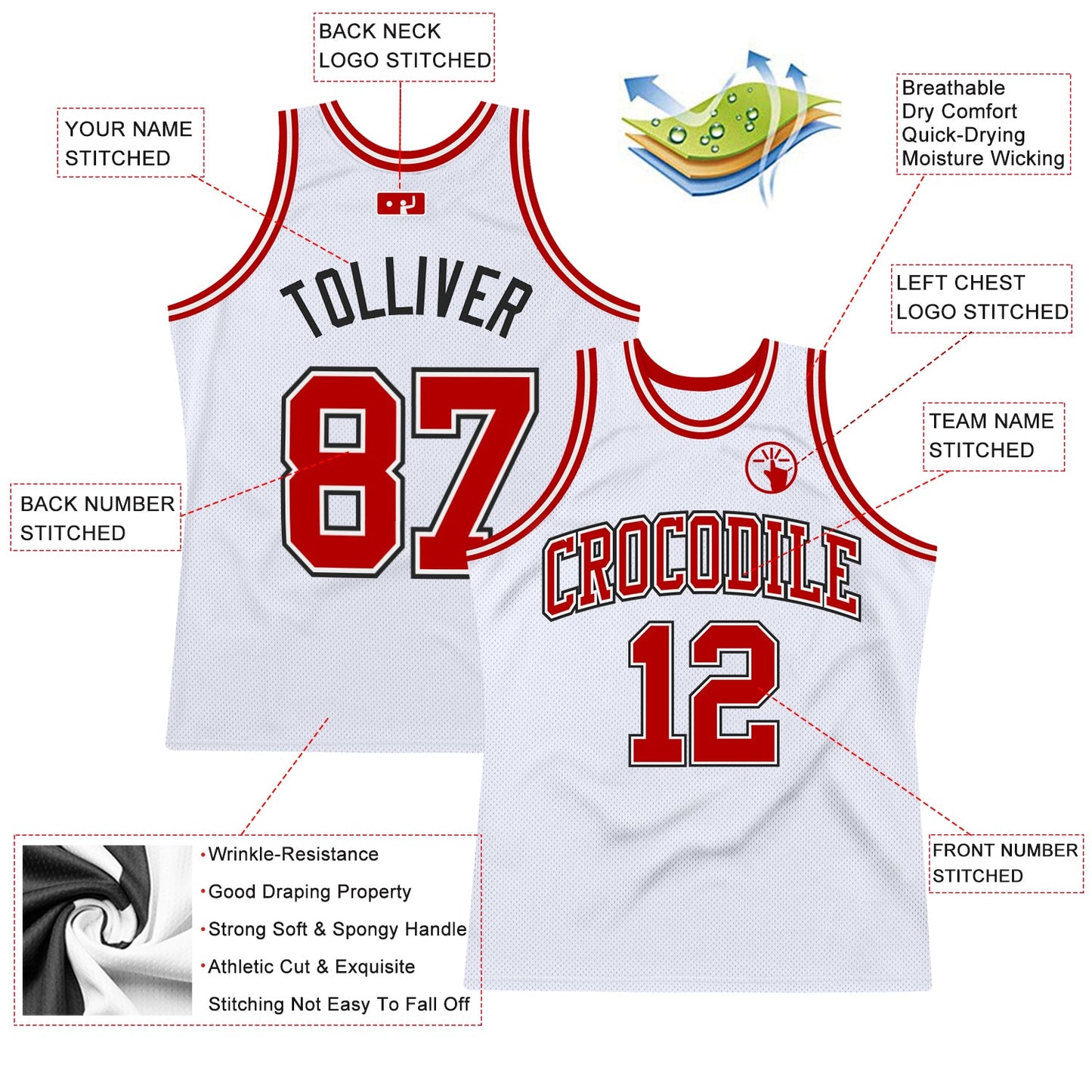 Custom White Red-Black Authentic Throwback Basketball Jersey view 2
