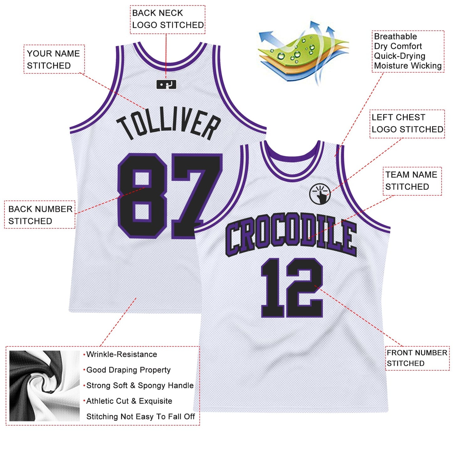 Custom White Black-Purple Authentic Throwback Basketball Jersey view 3