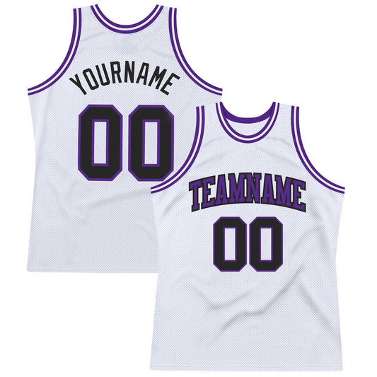 Custom White Black-Purple Authentic Throwback Basketball Jersey - Main View