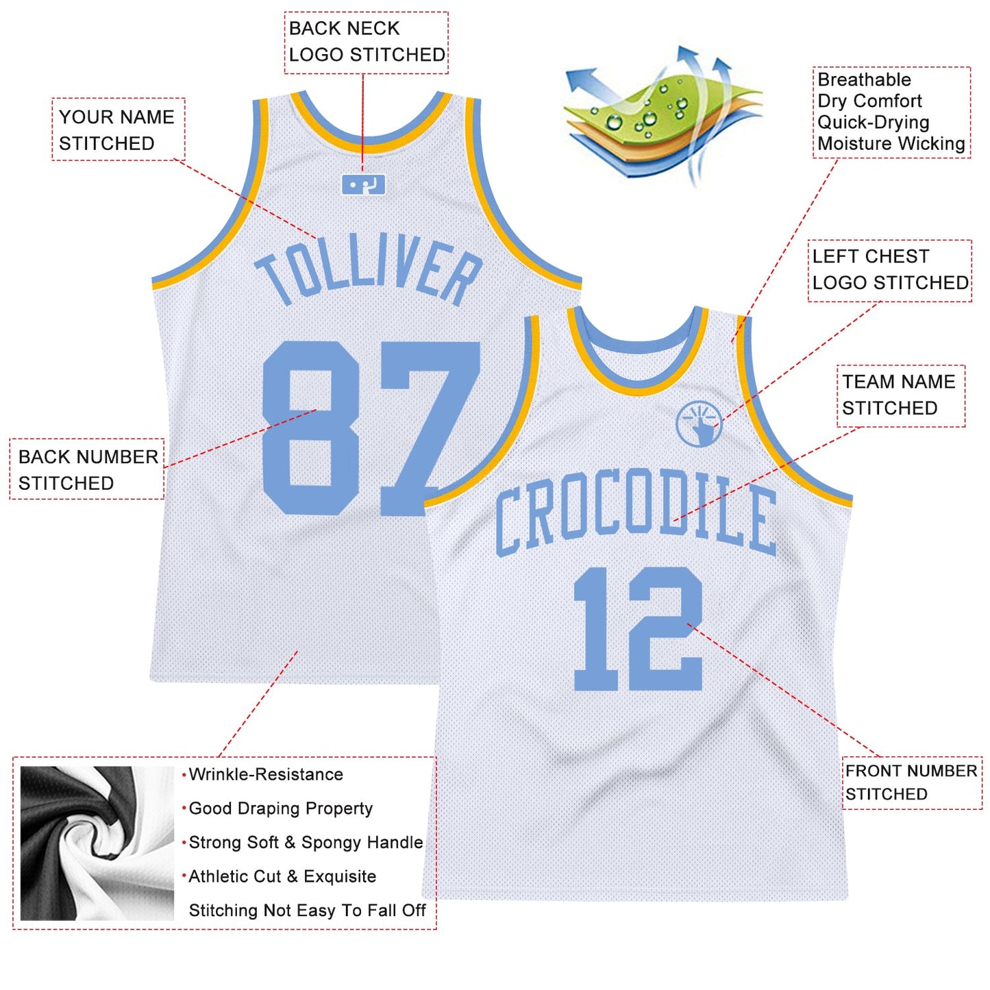 Custom White Light Blue-Gold Authentic Throwback Basketball Jersey view 2