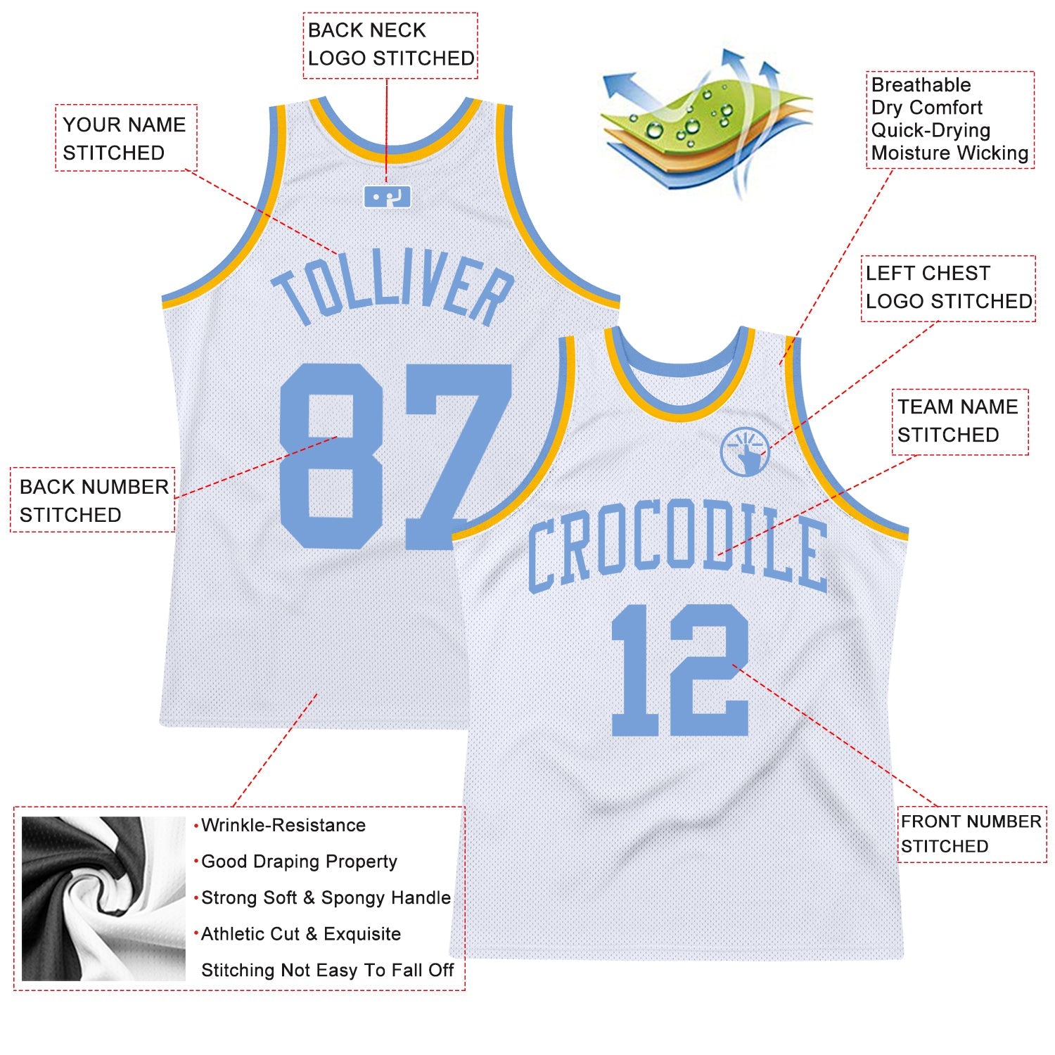 Custom White Light Blue-Gold Authentic Throwback Basketball Jersey view 2
