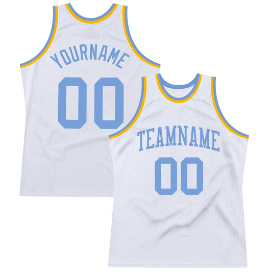 Custom White Light Blue-Gold Authentic Throwback Basketball Jersey - Main View