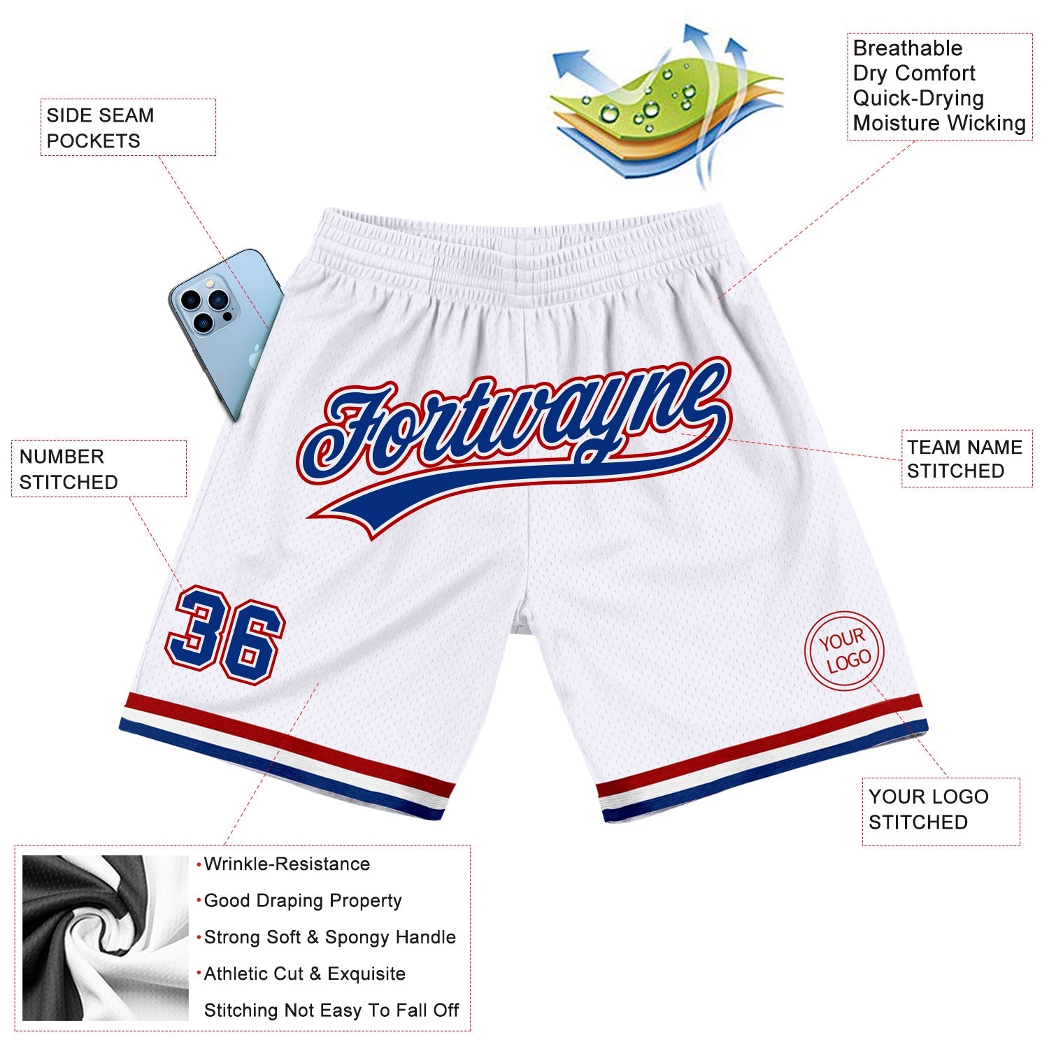 Custom White Royal-Red Authentic Throwback Basketball Shorts view 2
