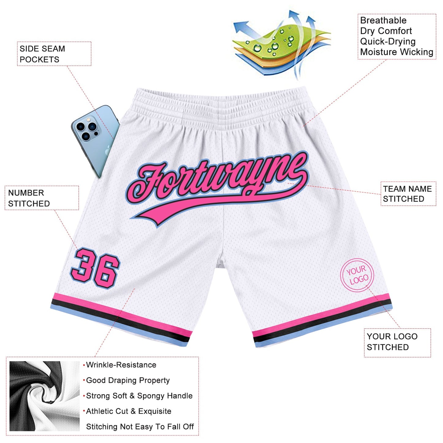 Custom White Pink Black-Light Blue Authentic Throwback Basketball Shorts view 2
