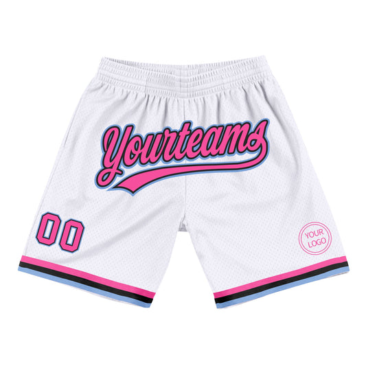 Custom White Pink Black-Light Blue Authentic Throwback Basketball Shorts - Main View