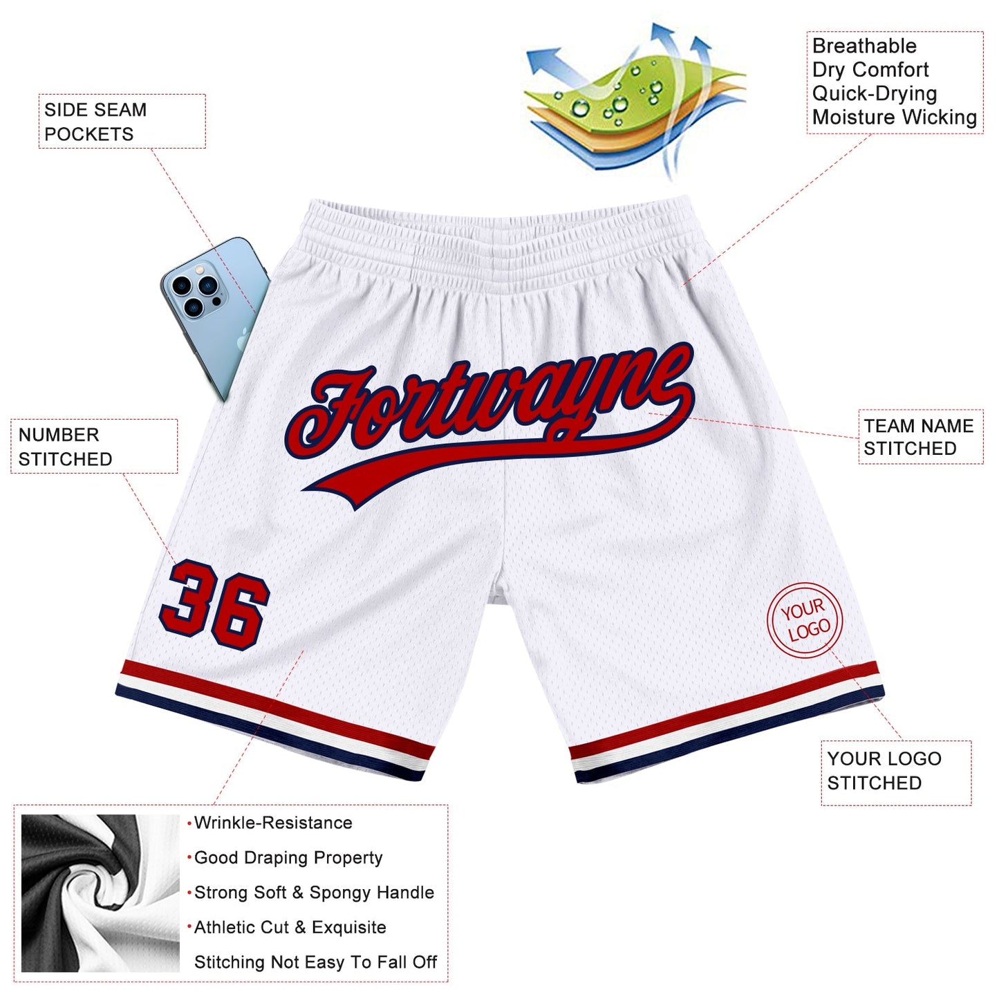 Custom White Red-Navy Authentic Throwback Basketball Shorts view 2