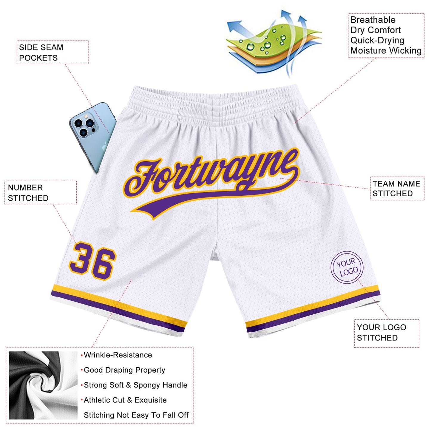 Custom White Purple-Gold Authentic Throwback Basketball Shorts view 2