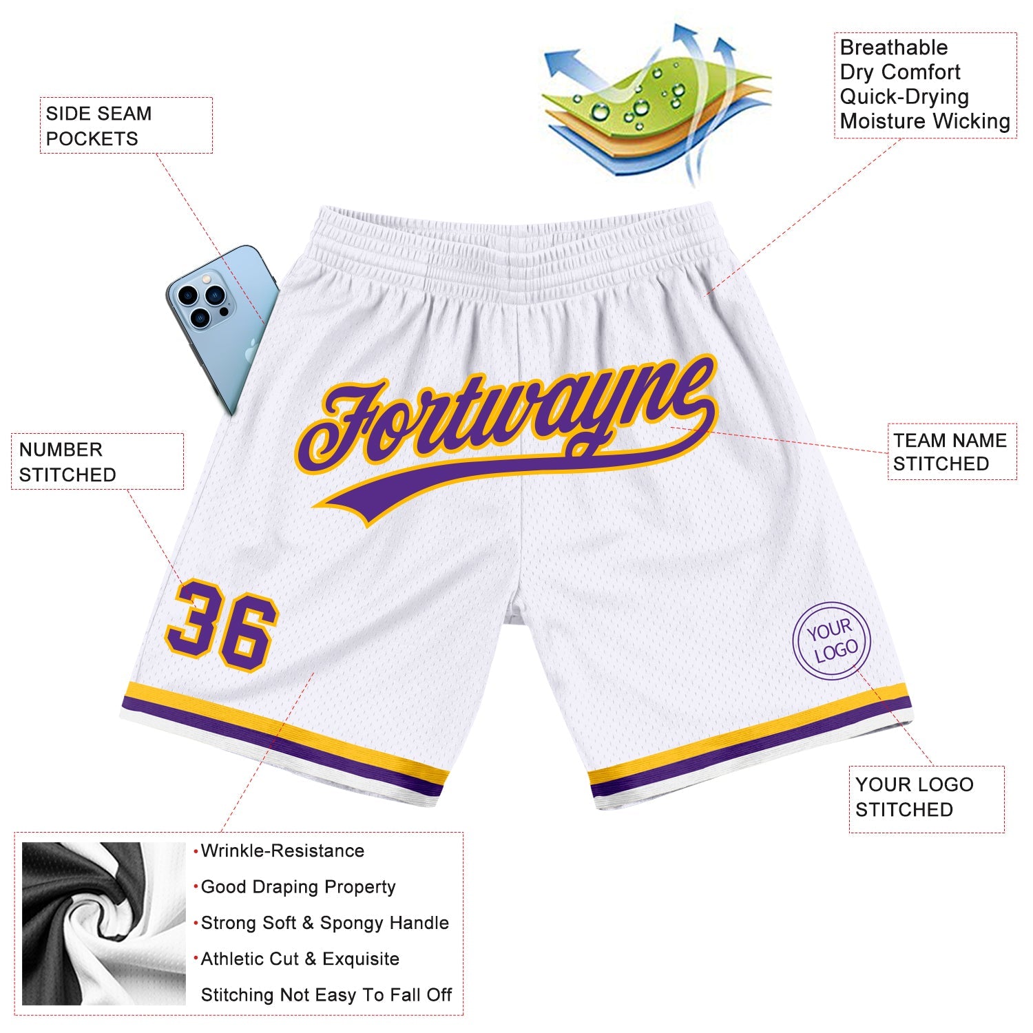 Custom White Purple-Gold Authentic Throwback Basketball Shorts view 2