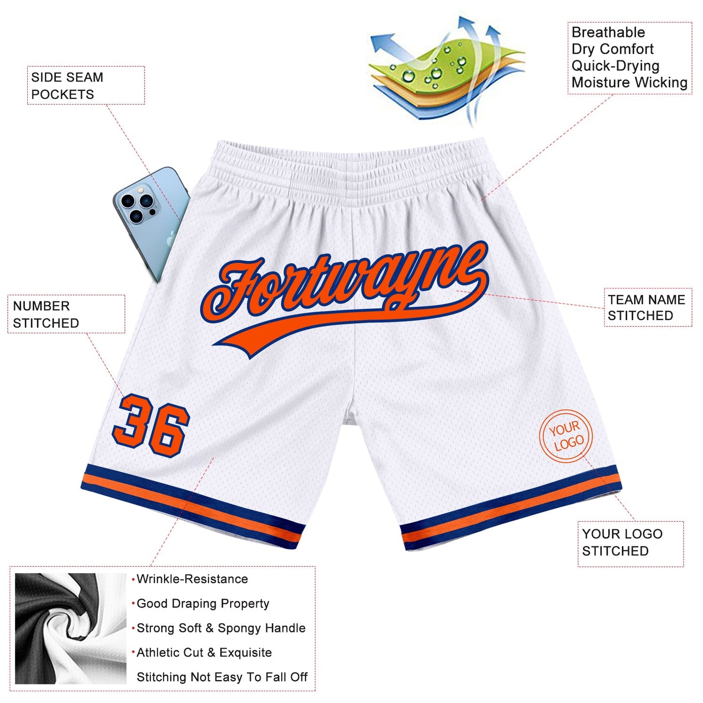 Custom White Orange-Royal Authentic Throwback Basketball Shorts view 2