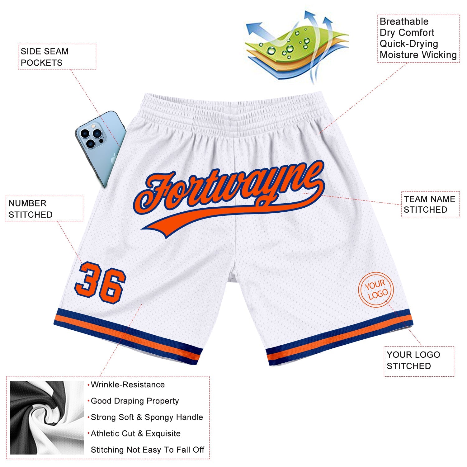 Custom White Orange-Royal Authentic Throwback Basketball Shorts view 2