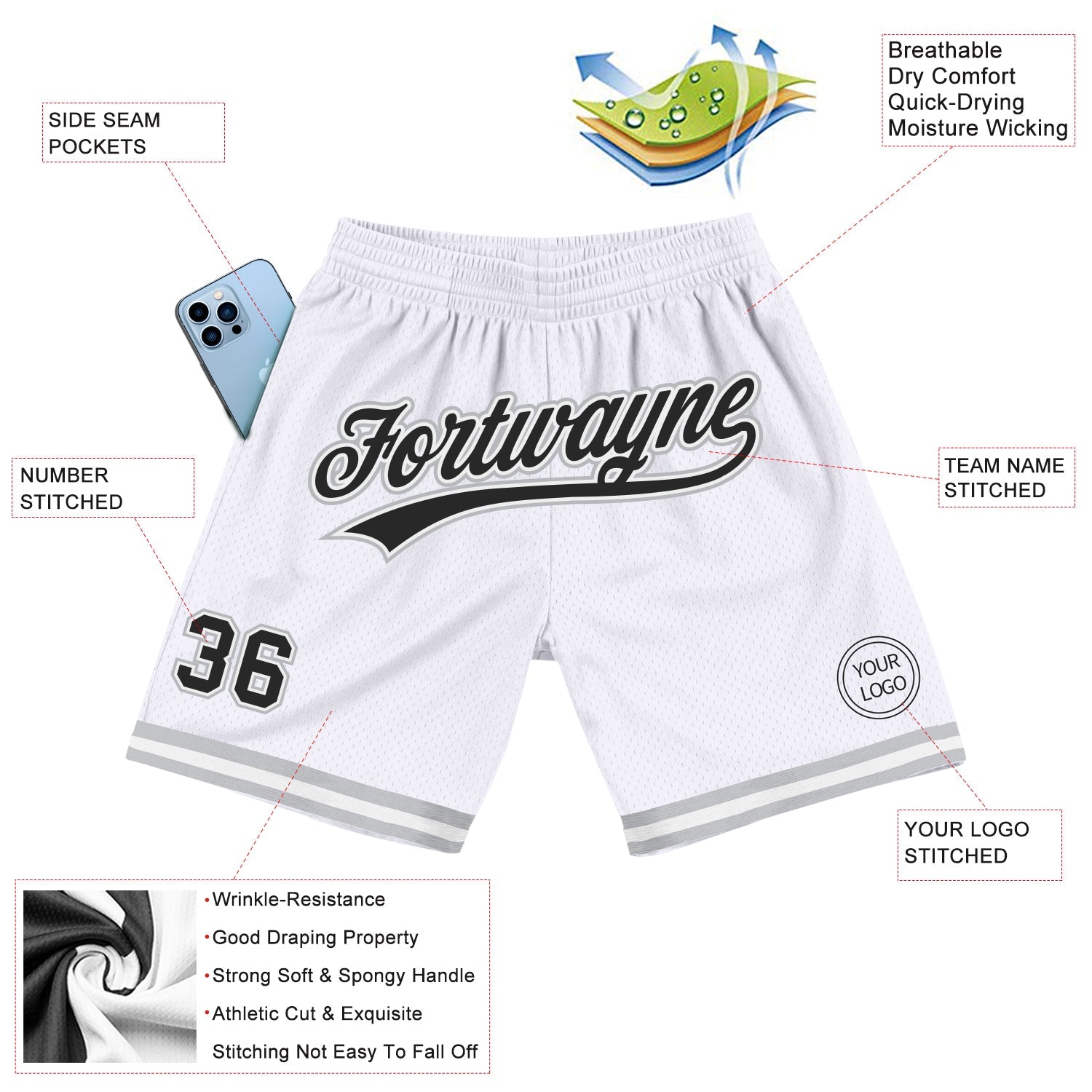 Custom White Black-Gray Authentic Throwback Basketball Shorts view 2