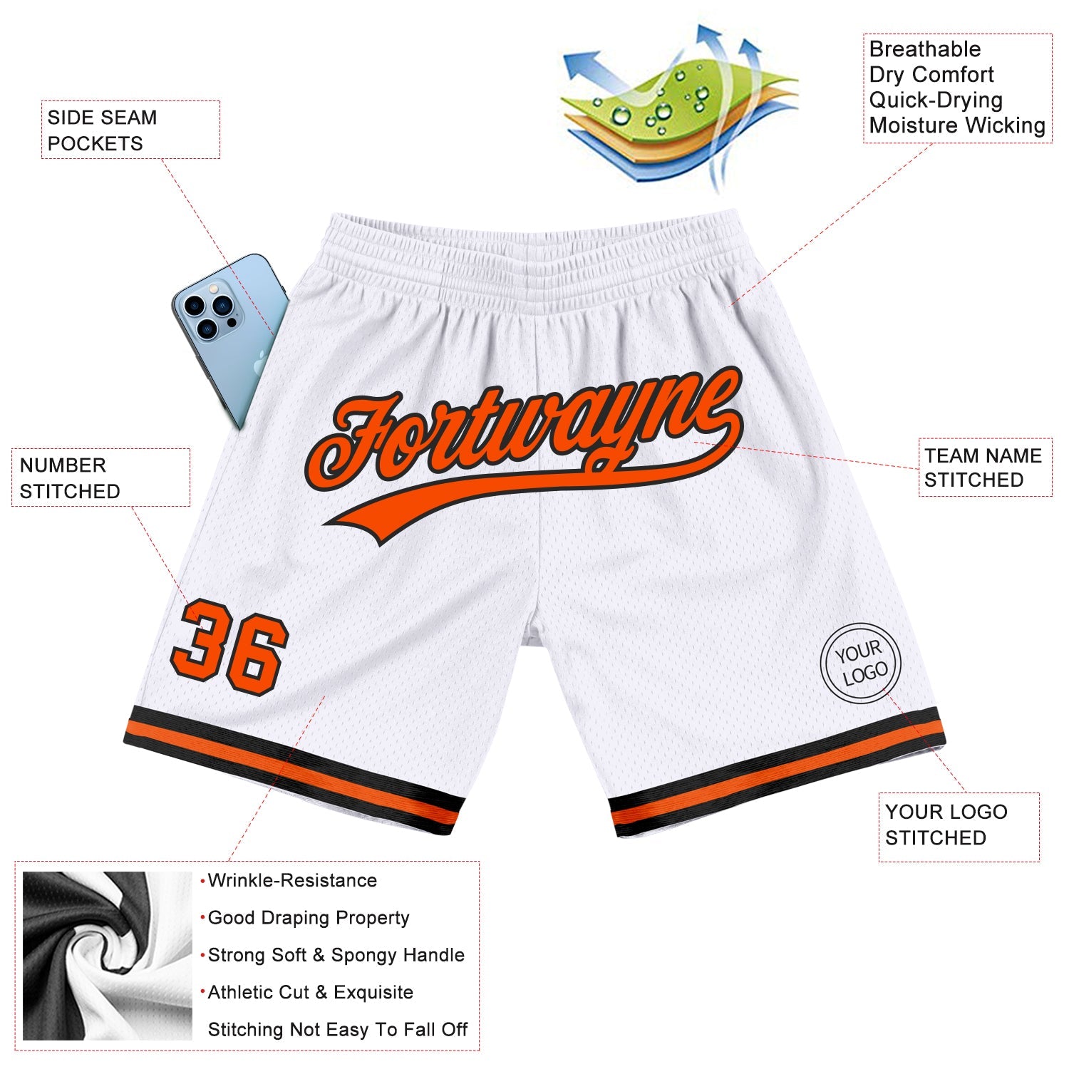 Custom White Orange-Black Authentic Throwback Basketball Shorts view 2
