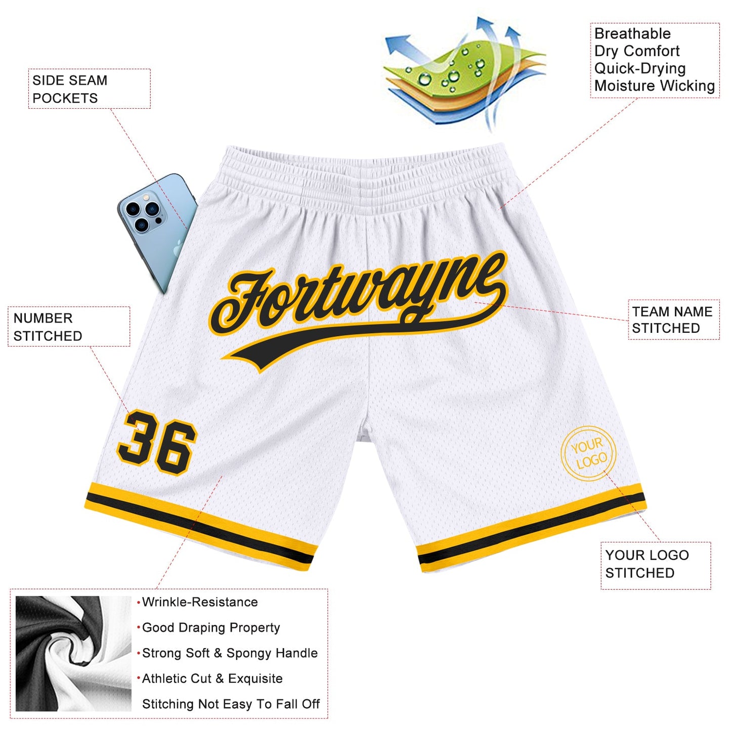 Custom White Black-Gold Authentic Throwback Basketball Shorts view 2