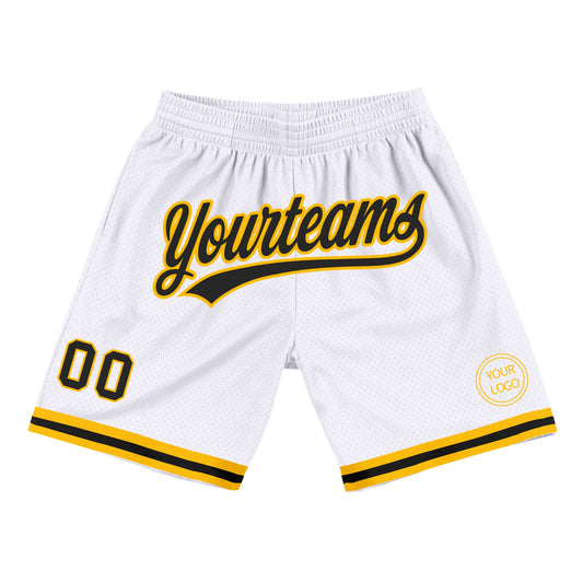 Custom White Black-Gold Authentic Throwback Basketball Shorts - Main View