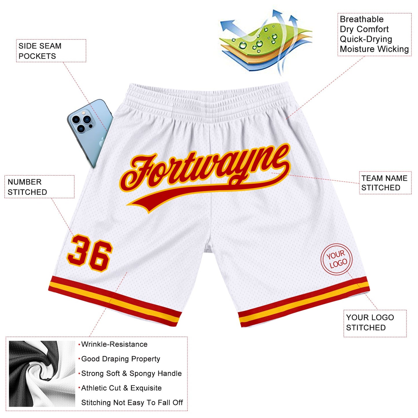 Custom White Red-Gold Authentic Throwback Basketball Shorts view 2