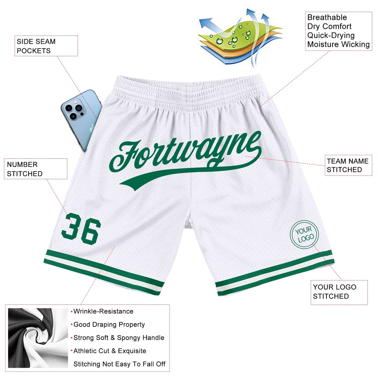 Custom White Kelly Green Authentic Throwback Basketball Shorts view 2