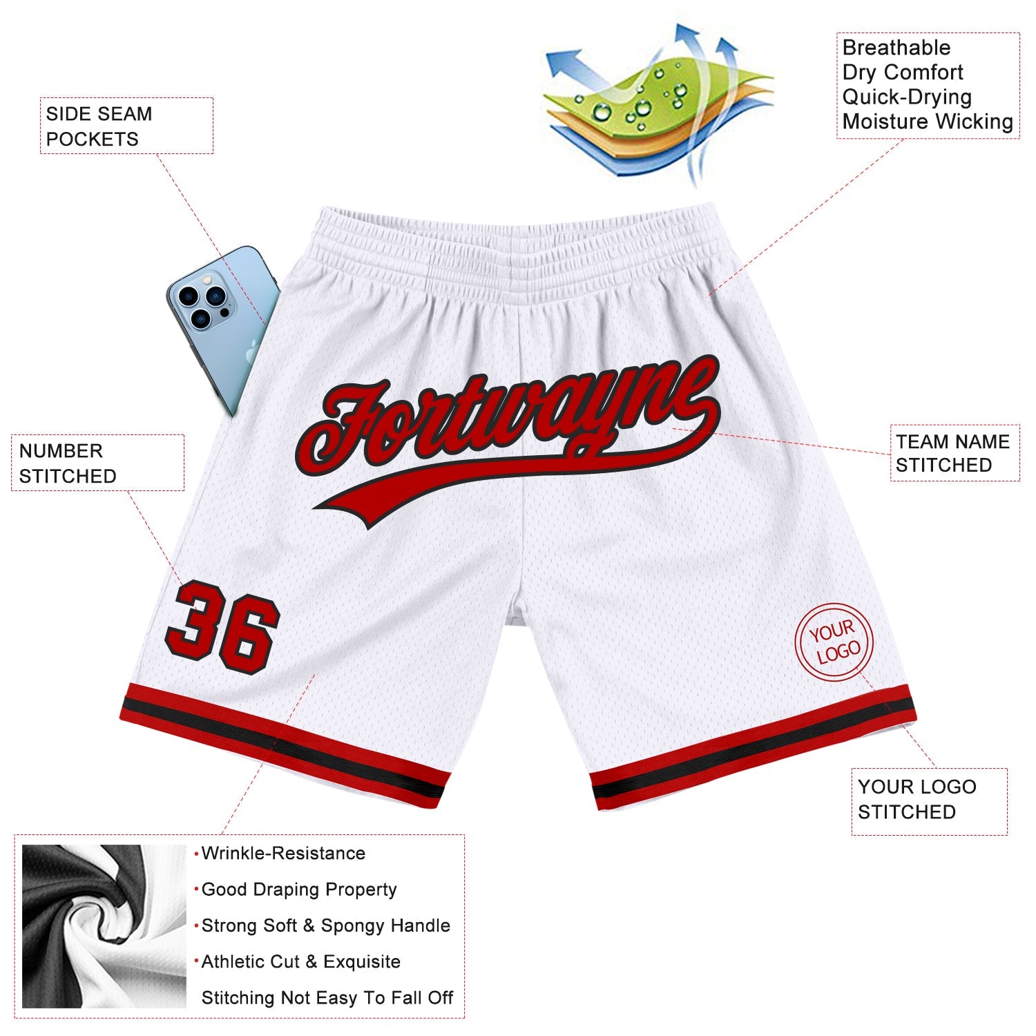 Custom White Red-Black Authentic Throwback Basketball Shorts view 2