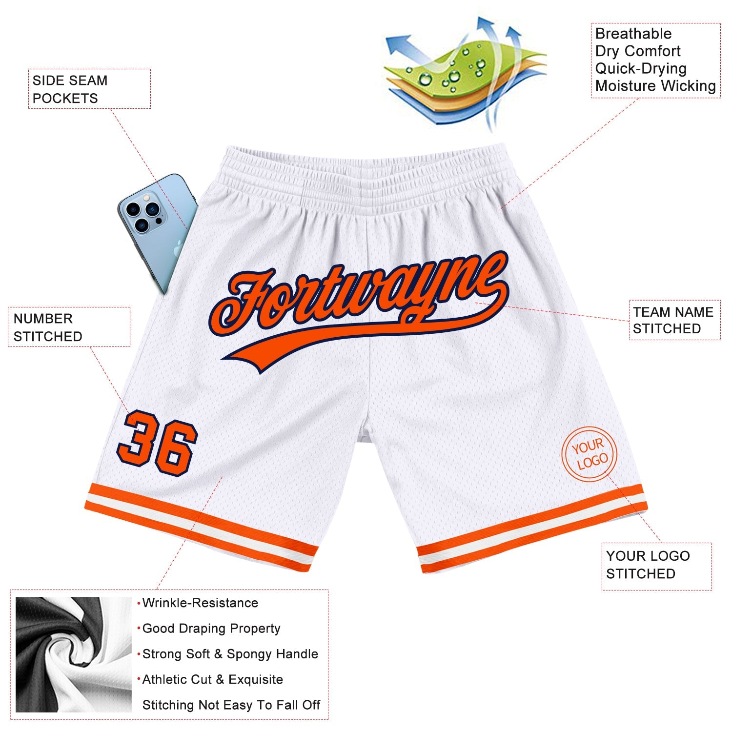 Custom White Orange-Navy Authentic Throwback Basketball Shorts view 2