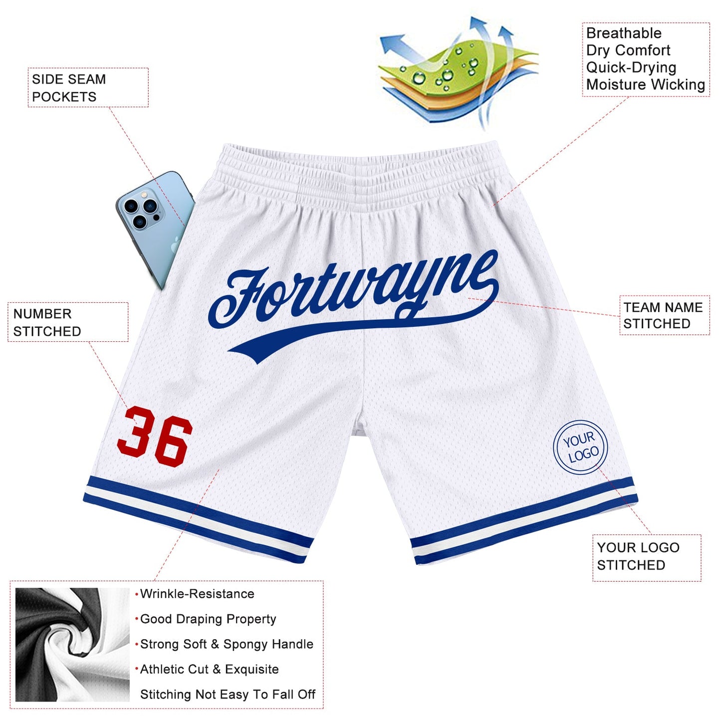 Custom White Red-Royal Authentic Throwback Basketball Shorts view 2