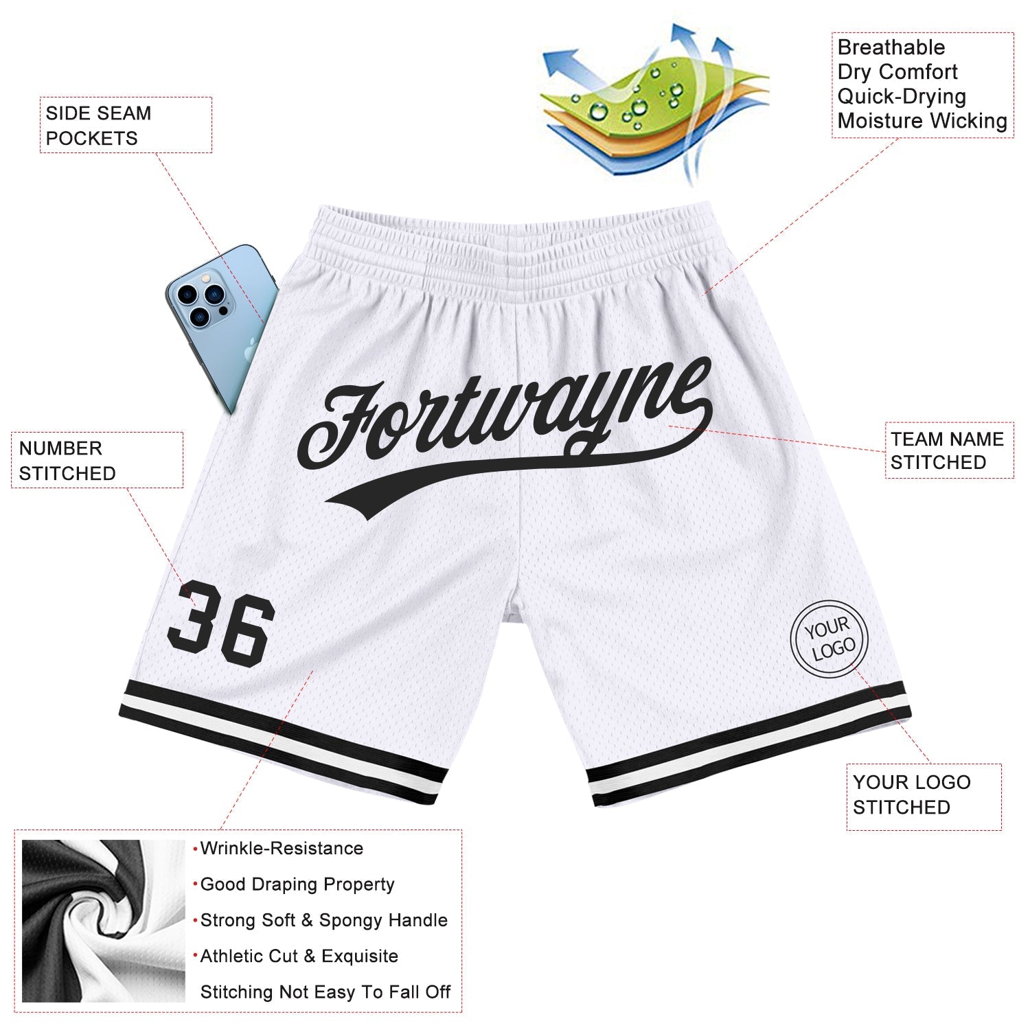 Custom White Black Authentic Throwback Basketball Shorts view 2