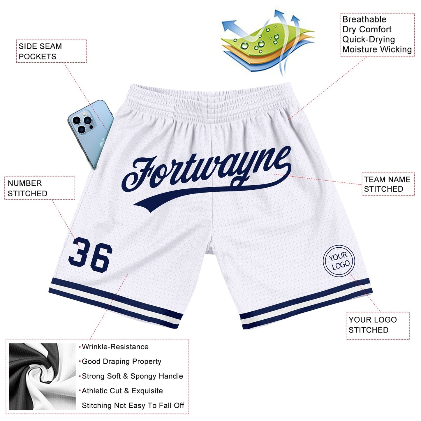 Custom White Navy Authentic Throwback Basketball Shorts view 2