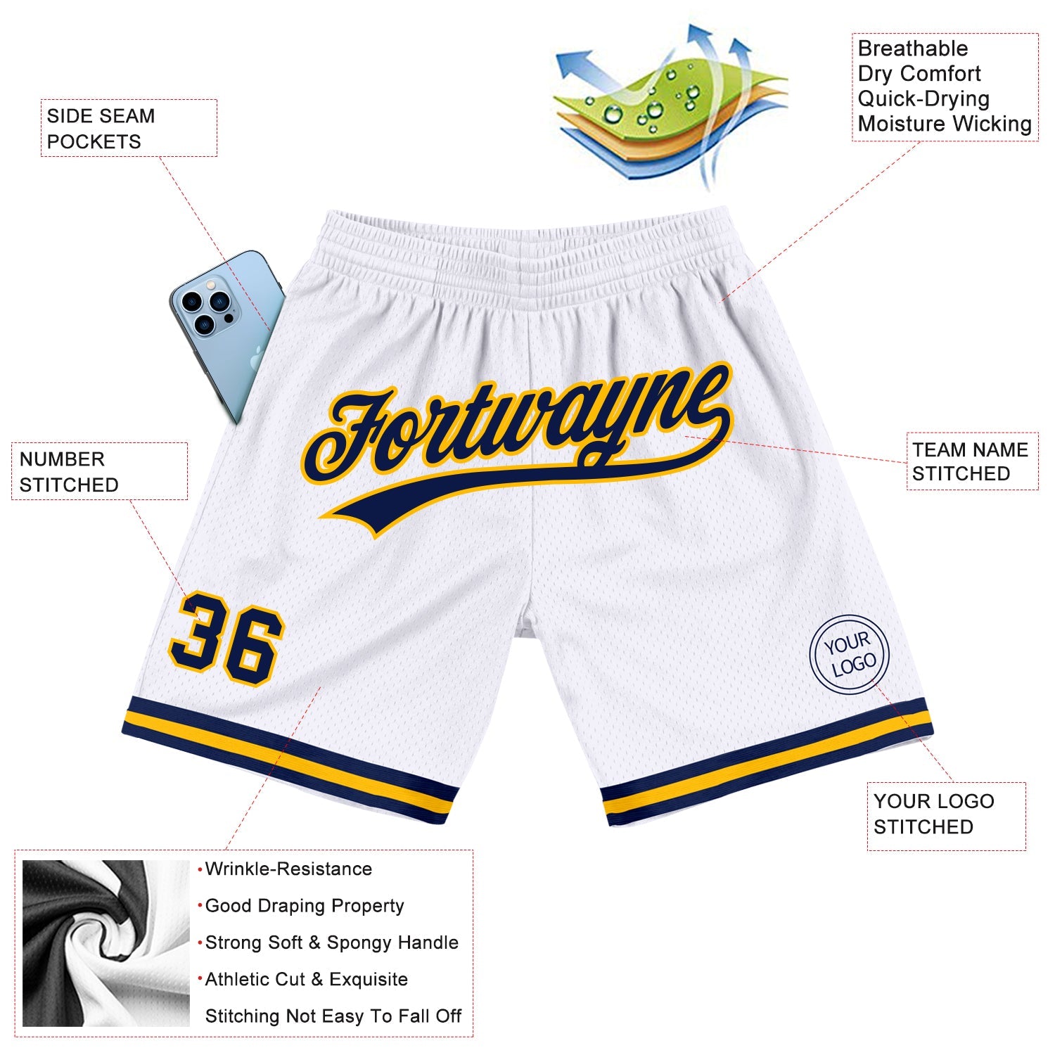 Custom White Navy-Gold Authentic Throwback Basketball Shorts view 2
