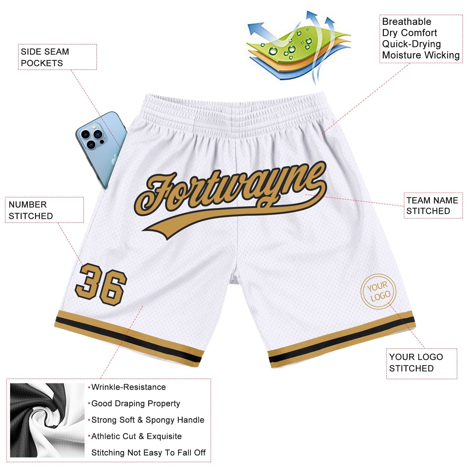 Custom White Old Gold-Black Authentic Throwback Basketball Shorts view 2