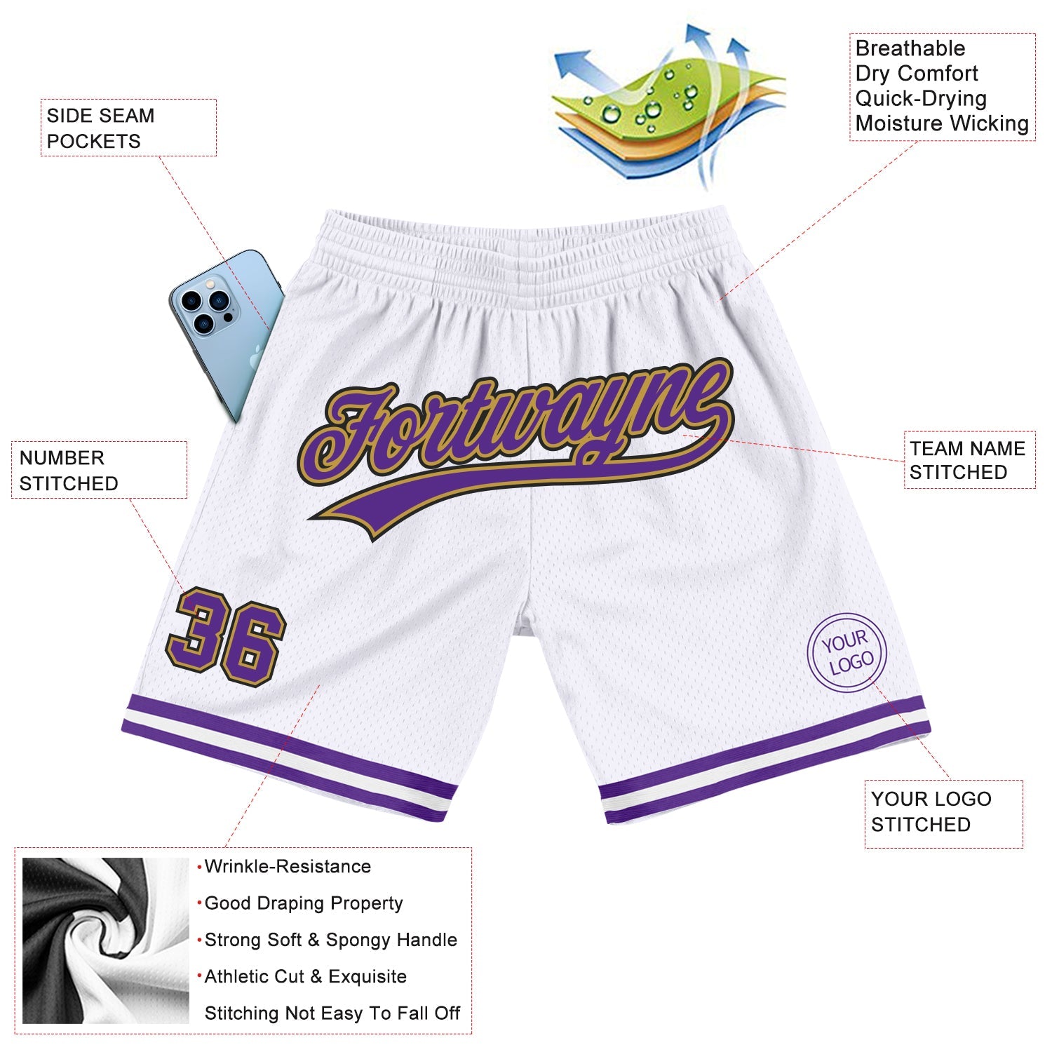 Custom White Purple Old Gold-Black Authentic Throwback Basketball Shorts view 2