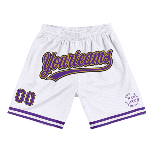 Custom White Purple Old Gold-Black Authentic Throwback Basketball Shorts - Main View