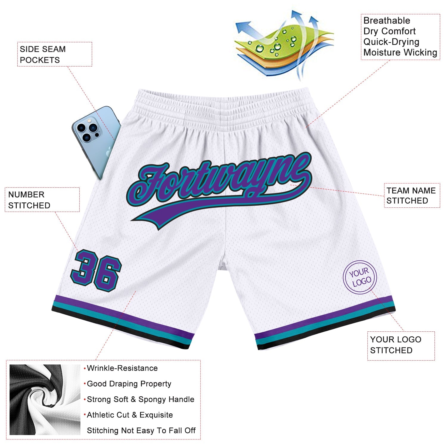Custom White Purple Teal-Black Authentic Throwback Basketball Shorts view 2