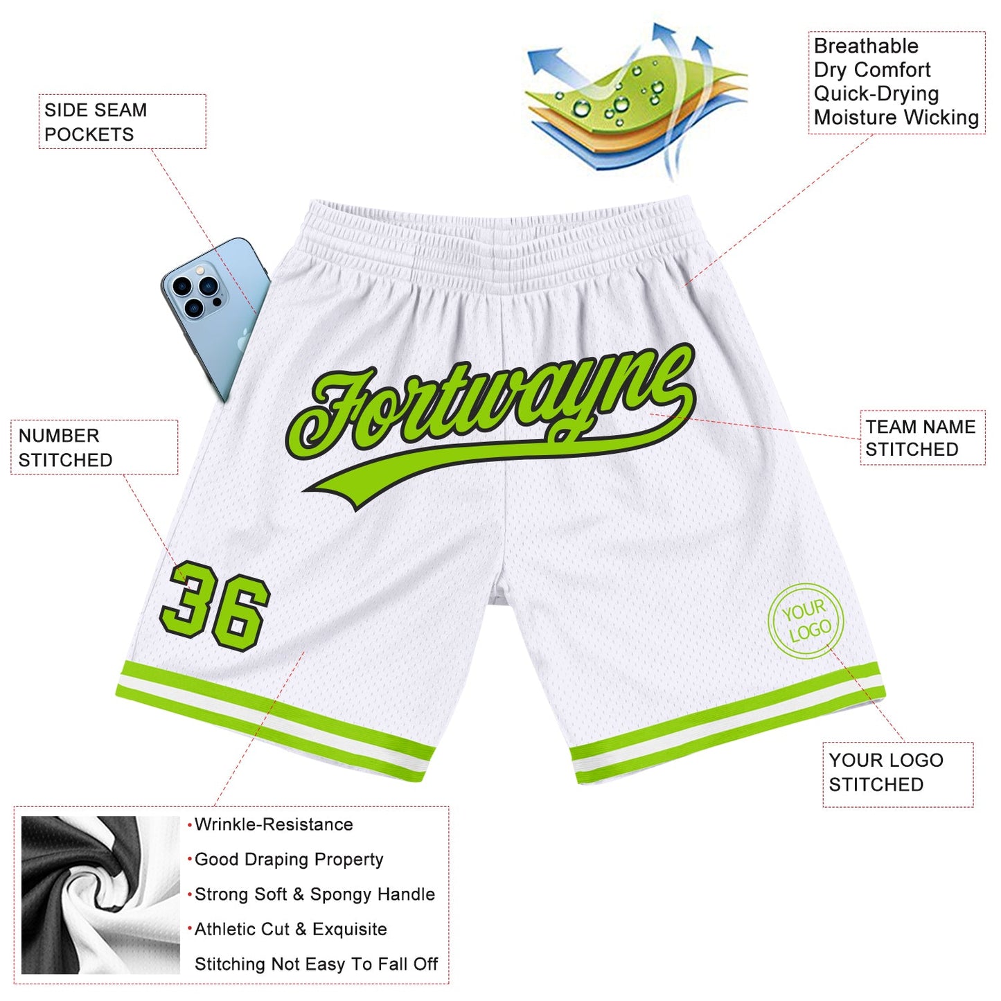 Custom White Neon Green-Black Authentic Throwback Basketball Shorts view 2