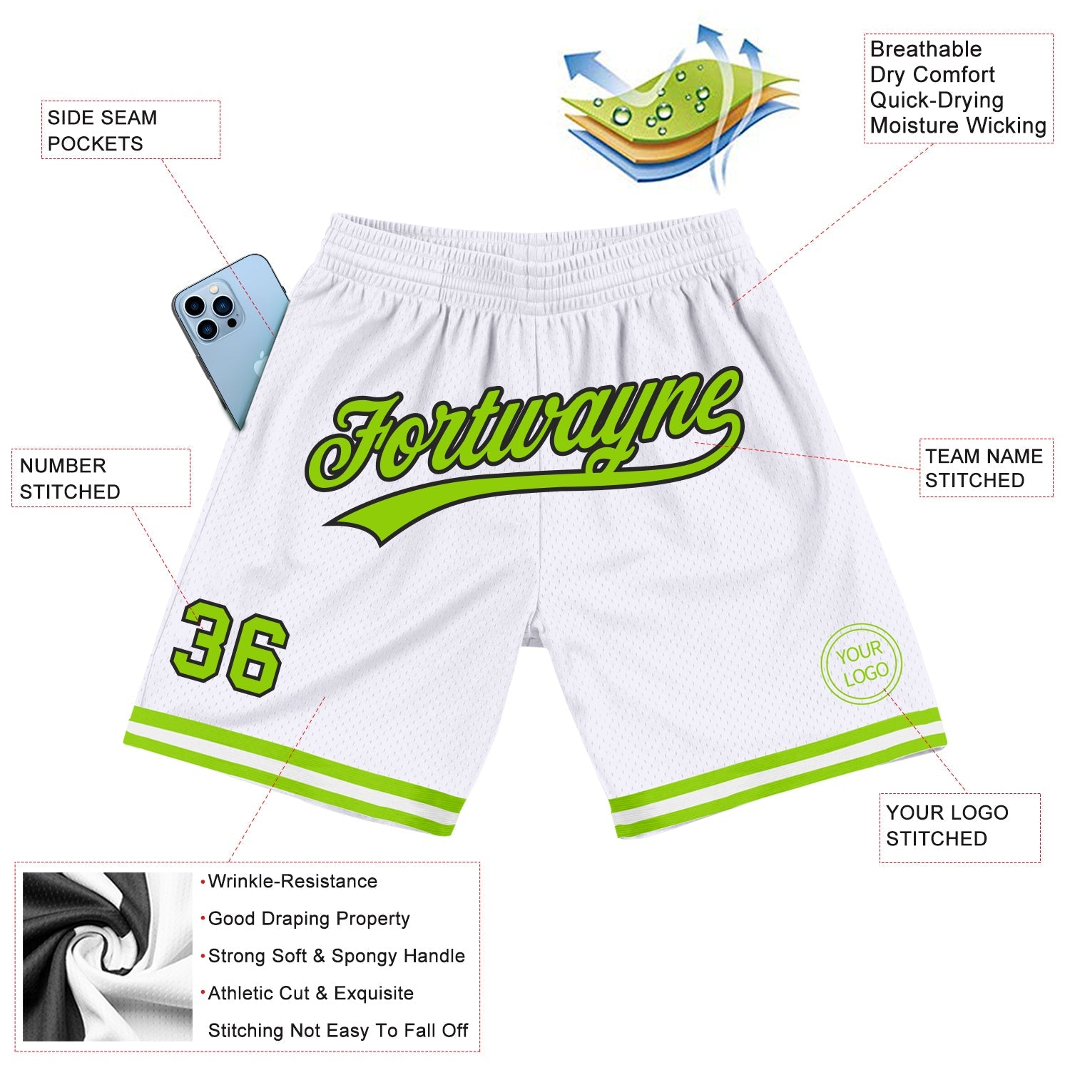 Custom White Neon Green-Black Authentic Throwback Basketball Shorts view 2