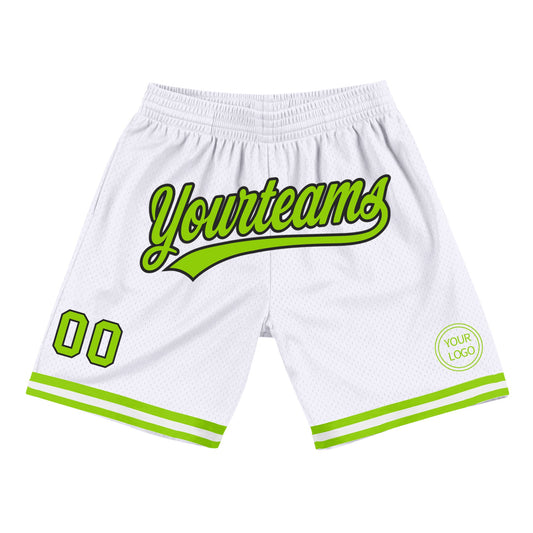 Custom White Neon Green-Black Authentic Throwback Basketball Shorts - Main View