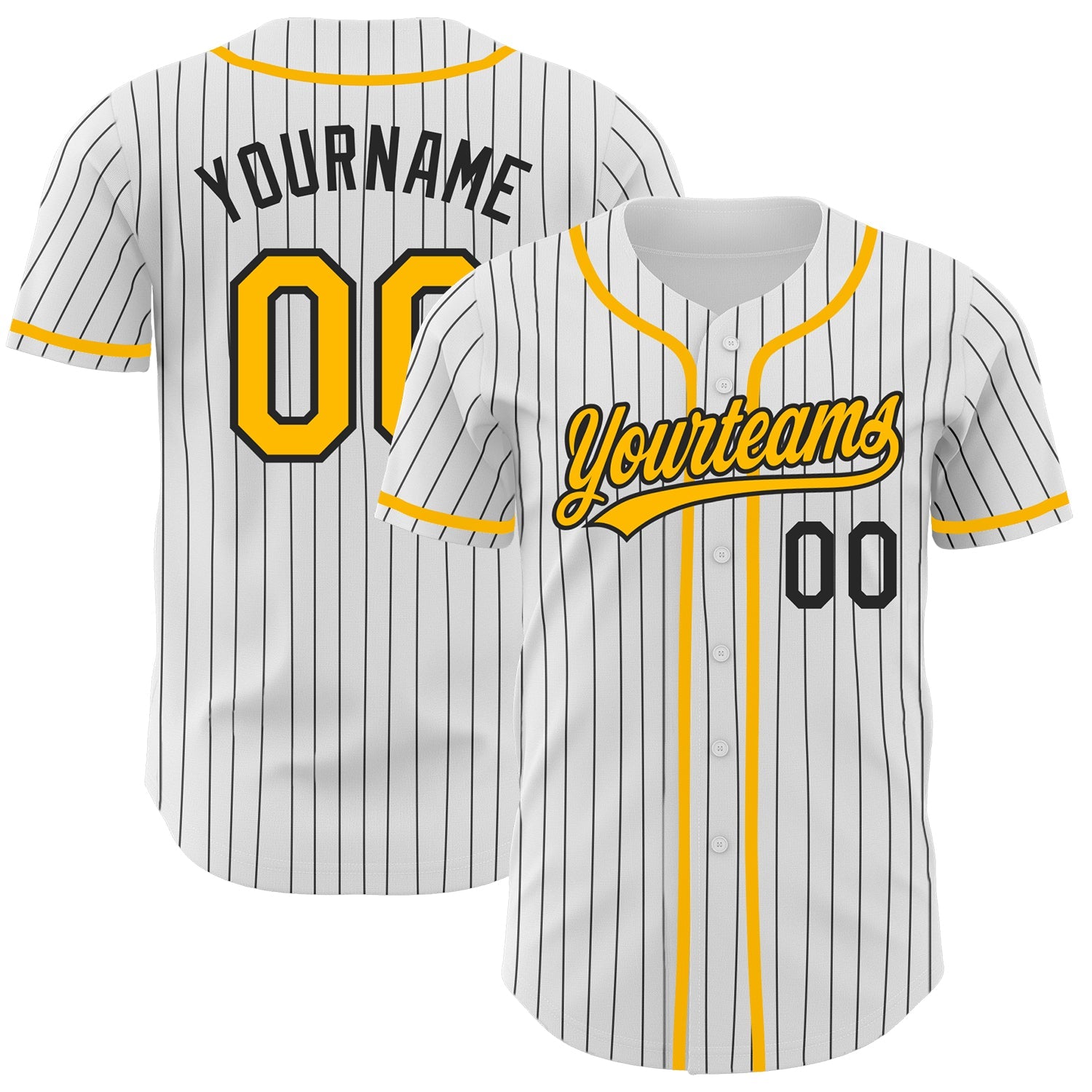 Custom White Black Pinstripe Gold Authentic Baseball Jersey - Main View