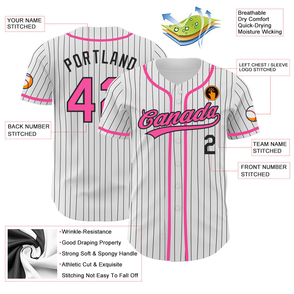 Custom White Black Pinstripe Pink Authentic Baseball Jersey view 3