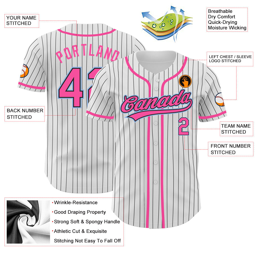Custom White Black Pinstripe Pink-Light Blue Authentic Baseball Jersey view 3