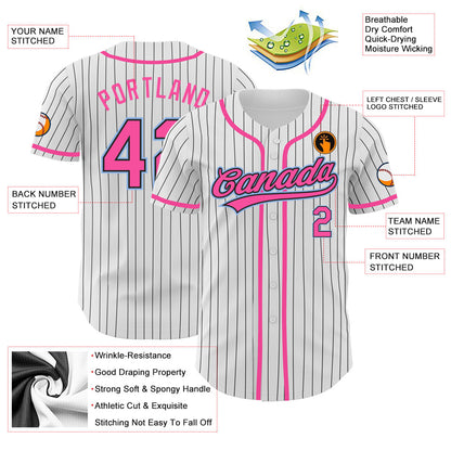 Custom White Black Pinstripe Pink-Light Blue Authentic Baseball Jersey view 3