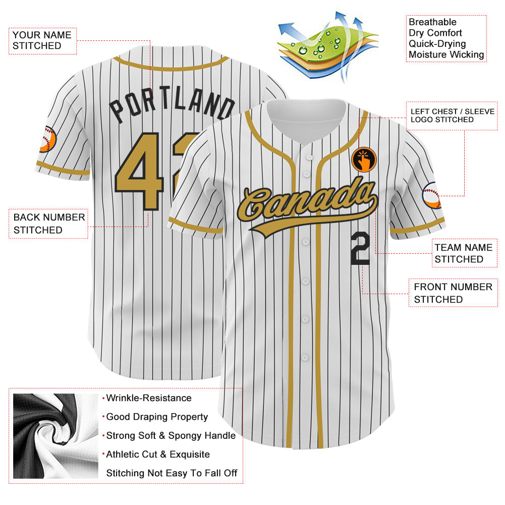 Custom White Black Pinstripe Old Gold Authentic Baseball Jersey view 4