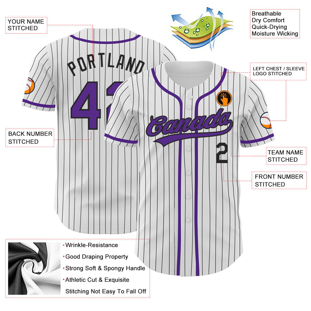 Custom White Black Pinstripe Purple Authentic Baseball Jersey view 3