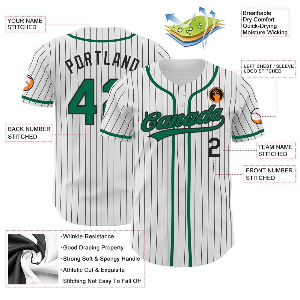 Custom White Black Pinstripe Kelly Green Authentic Baseball Jersey view 3