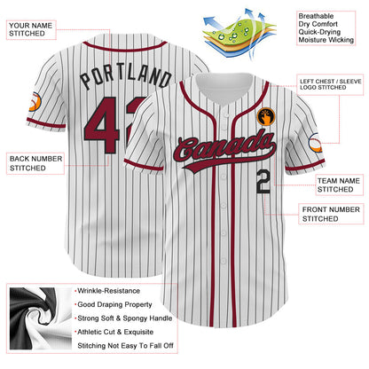 Custom White Black Pinstripe Crimson Authentic Baseball Jersey view 3