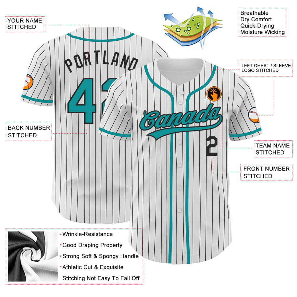 Custom White Black Pinstripe Teal Authentic Baseball Jersey view 3