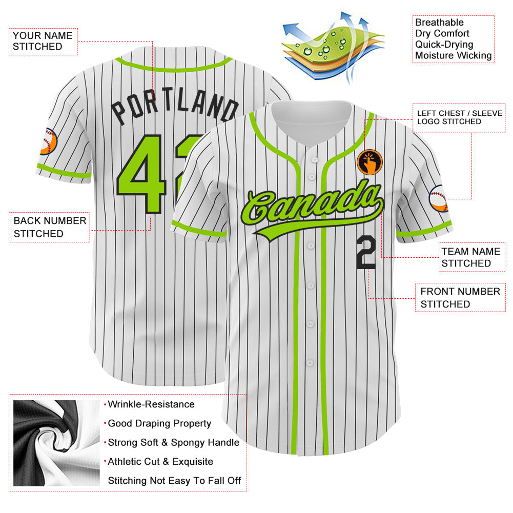Custom White Black Pinstripe Neon Green Authentic Baseball Jersey view 3