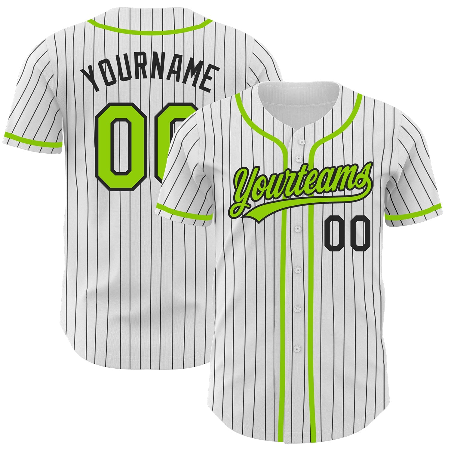 Custom White Black Pinstripe Neon Green Authentic Baseball Jersey - Main View