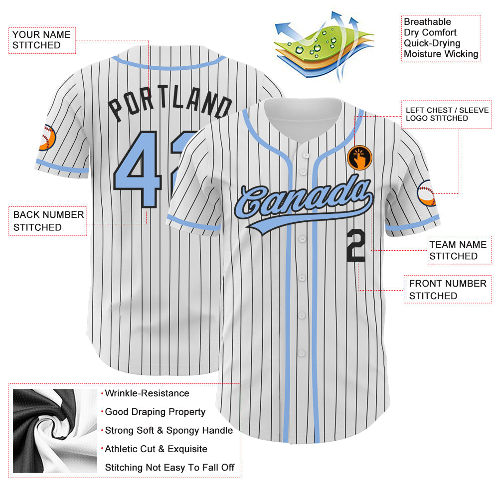 Custom White Black Pinstripe Light Blue Authentic Baseball Jersey view 3