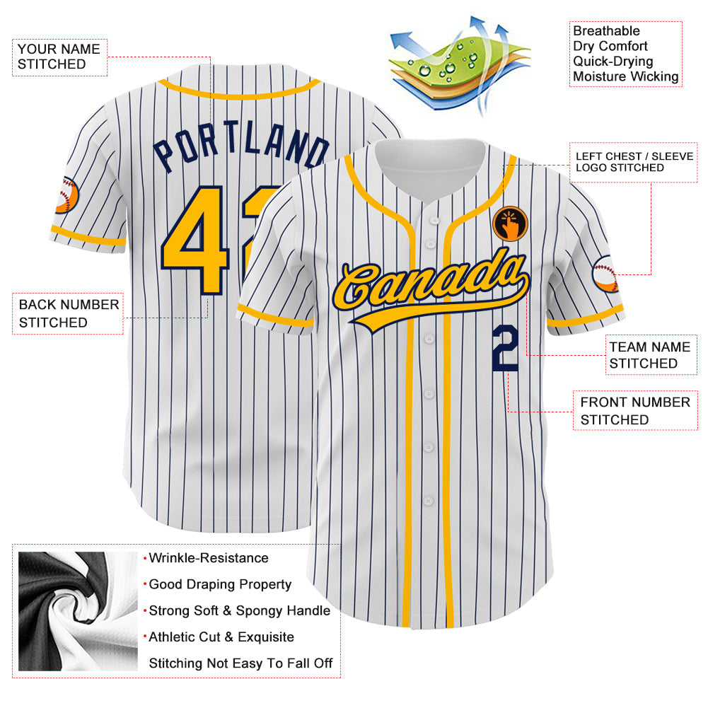 Custom White Navy Pinstripe Gold Authentic Baseball Jersey view 3