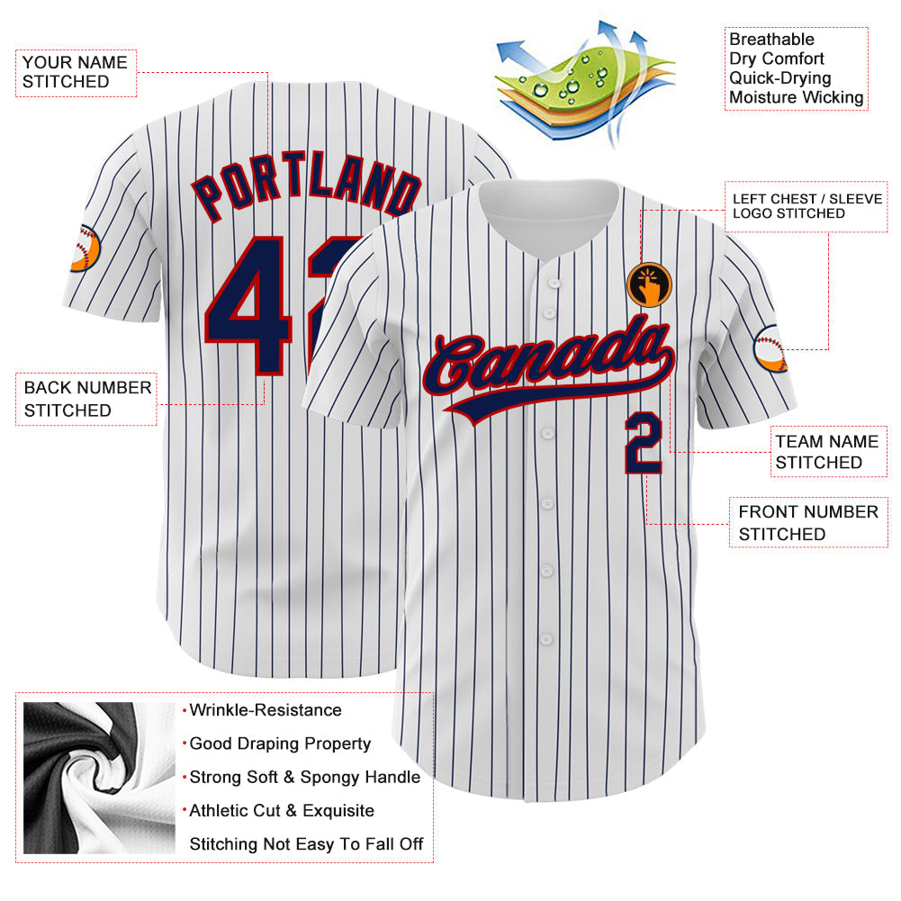 Custom White Navy Pinstripe Navy-Red Authentic Baseball Jersey view 3