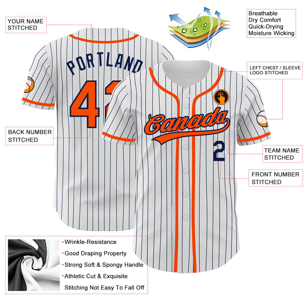 Custom White Navy Pinstripe Orange Authentic Baseball Jersey view 3
