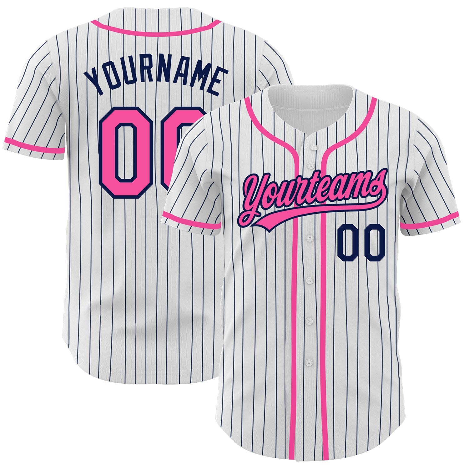 Custom White Navy Pinstripe Pink Authentic Baseball Jersey - Main View
